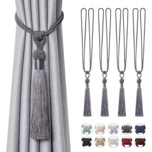 Tianyi-Lot De 4 Embrasses De Rideaux Longues À Pompons Faites À La Main Avec Noeud En Corde Tressée De Style Européen Pour Décoration De Fenêtre De Maison Et De Bureau (Gris Foncé) - Neuf