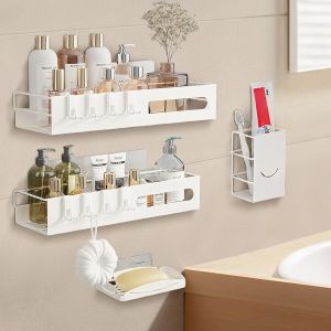 MEVRONISSHOP-Lot de 4 Etagere Douche sans Percage, Étagère de Salle de Bain avec 8 Crochets Porte-savon Porte-brosse à Dents, Antirouille Rangement Douche, Serviteur de Douche Panier Salle de Bain Do - Neuf