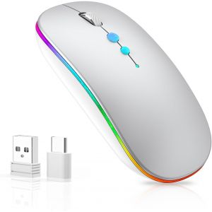Souris LED sans fil pour ordinateur, portable sans fil rechargeable avec double r&eacute;cepteur USB/USB-C 2,4 GHz, DPI, bouton arri&egrave;re, compatible avec les appareils TypeC, Apple MacBook Air/Pro, iPad, - Neuf