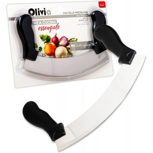 Mevronisshop-Couteau Hachoir Demi Lune Avec Lame Incurv&eacute;e En Acier Inoxydable - Couteau Monogame Pour Couper Les L&eacute;gumes, Herbes, Viandes, Aliments, Pizza - Manche Ergonomique - Coupe Pr&eacute;cise Et Effi - Neuf