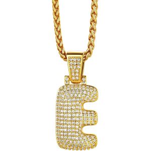 Trahoo-Collier Lettre E, Pendentif Initiale Prénom Plaqué Or Lettre E,Bling Brillant Hip Hop Bijoux Alphabet Pendentif Bubble En Strass Avec Chaîne Or Réglable 55+5 Cm Pour Homme Femme - Neuf