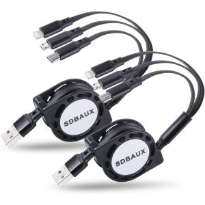 KALANKA-Multi C&acirc;ble 3 en 1[1M 3A 2-Paquet], R&eacute;tractable Chargeur USB C&acirc;ble Charge Rapide avec iP Micro USB Type C pour T&eacute;l&eacute;phones iOS, Samsung Galaxy S25 S22, LG, Honor View, Xiaomi, Sony, Moto, PS5 - Neuf