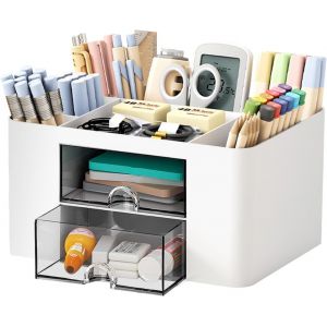 KALANKA-Organisateur de Bureau avec 5 Compartiments et 2 Tiroirs, Rangement Bureau Organisateur en Plastique, Multifonctionnel Desk Organizer pour les Fournitures, Articles de Papeterie et Accessoire - Neuf