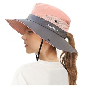Chapeau De Soleil Rose Pour Femme, Large Bord, Protection Uv, Pliable, Queue De Cheval, Pêche, Plage, Randonnée, Jardinage, Extérieur - Neuf