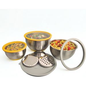 | Lot De 3 Bols En Inox Avec Couvercles En Verre + 3 R&acirc;pes Int&eacute;gr&eacute;es | Cul De Poule Inox 4 En 1 |Empilables | Id&eacute;al Repas, Pique-Nique, Pr&eacute;paration - Neuf