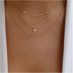 Kal-Collier Boho En Cristal De Cz Collier Pendentif Solitaire Carr&eacute; En Or Collier Ras Du Cou En Strass Collier Cha&icirc;ne &Agrave; Boules Multi-Couches Bijoux Pour Femmes Et Filles - Neuf