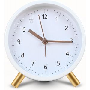 R&eacute;veil Super Silencieux Sans Tic-Tac Avec Veilleuse, Rond, M&eacute;tal, 10 Cm (Blanc) - Neuf