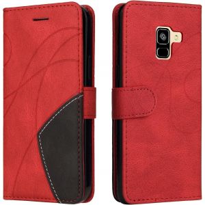 SJZG-Coque Pour Samsung Galaxy A8 2018 / A5 2018, Etui En Cuir Pu Portefeuille Housse Fermeture Magn&eacute;tique Und Protection Case Avec Antichoc Tpu, Etui &Agrave; Rabat, Fentes Pour Cartes (Rouge) - Neuf