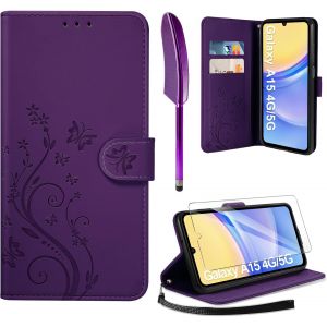 Samsung Galaxy A15 5G / 4G Pu Leather Case Cover + Screen Protector Flip Case Cover With Card Slots - Dark Purple - Neuf