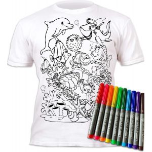 KALANKA-T-Shirt à colorier Sea Life avec 10 feutres lavables ¿ T-Shirt à colorier réutilisable pour Enfants, Cadeau d'anniversaire (9-11 Ans) - Neuf