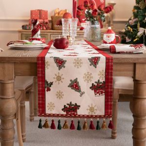 Pi&egrave;ce (bo&icirc;te cadeau, 35 x 200 cm) chemin de table tiss&eacute; jacquard motif cerf de No&euml;l, bonnet de P&egrave;re No&euml;l, pompons, chemin de table, drapeau de chevet, housse de tiroir, meuble TV - Neuf