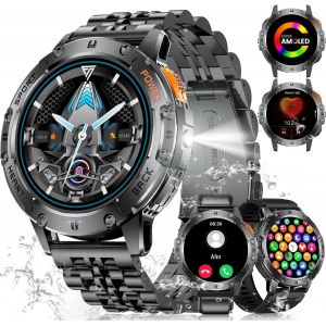 Montre Connectée Homme 530mah Avec Torche Led, 1.43'' Militär Smartwatch 3atm Étanche Avec Appels Bluetooth, 113 Modes Sportifs Fréquence Cardiaque Sommeil Podomètre Fitness Tracker Pour Ios Android - Neuf
