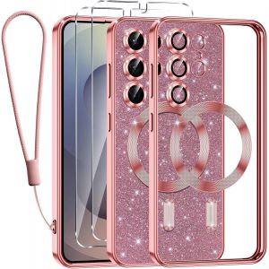 SJZG-Glitter Magn&eacute;tique Pour Samsung Galaxy S25 Ultra 5G Con Cordon, [Compatible Avec Magsafe] Antichoc Brillant Paillet&eacute; Housse Coque Pour Samsung S25 Ultra Avec 2 Verre Tremp&eacute; &Eacute;tui, Rose - Neuf