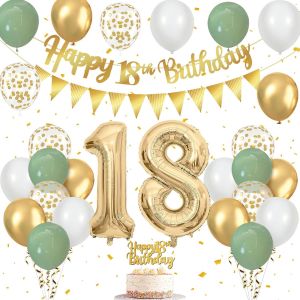 Decoration Anniversaire 18 ans, Ballon Anniversaire 18 ans Vert Or, Confettis, Banderole Joyeux, Ballons de Baudruche Vert Sauge pour Femme Homme - Neuf
