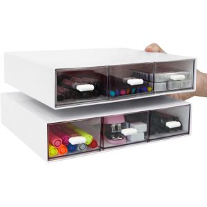 Lot de 2 organiseurs de bureau empilables en plastique pour maquillage, articles divers (3 tiroirs, blanc) - Neuf