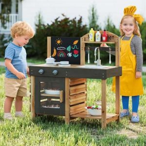 COSTWAY Cuisine d'Ext&eacute;rieur pour Enfants 3 Ans+ en Bois de Sapin avec Tableau Noir, Fours, &Eacute;vier - Neuf