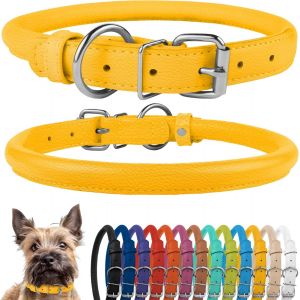 Collier De Chien En Cuir Roul&eacute;, Collier De Chiot Rond Rembourr&eacute; Doux, Collier En Cuir V&eacute;ritable Fait &Agrave; La Main Pour Petit Grand Collier De Chat 13 Couleurs (15-18 Cm, Jaune Textur&eacute;) - Neuf