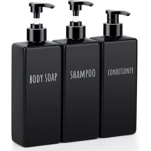 KAL-Distributeur De Savon Noir, 3 Pièces 500Ml Rechargeable Bouteille De Shampoing En Plastique Avec Étiquette, Flacon Pompe Vide Pour Bain, Hôtel - Neuf