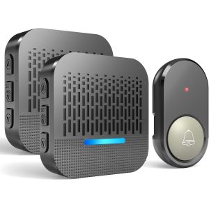 MDY-Sonnette Sans Fil Exterieur Etanche Carillon Sonnette avec Batterie 300m Distance Émetteur Extérieur et 2 Récepteur Intérieur 55 Sonneries Incluant Noël 5 Volumes au LED Bleu, Noir - Neuf