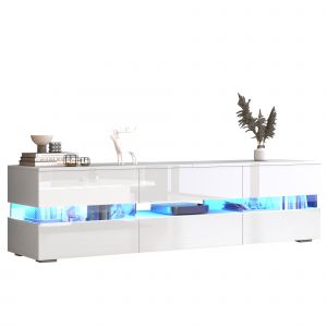 Meuble TV moderne laqu&eacute; brillant, 160 x 39 x 45 cm, avec &eacute;clairage LED, compartiment ouvert, compatible avec les t&eacute;l&eacute;viseurs jusqu'&agrave; 70 pouces, blanc - Neuf