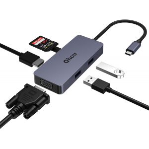 Hub USB C, avec Prise en Charge HDMI 4K et VGA, Double &eacute;cran, USB 2.0, Lecteur de Carte SD/TF, Station d'accueil USB C pour MacBook Pro/Air, Dell/HP/Lenovo - Neuf