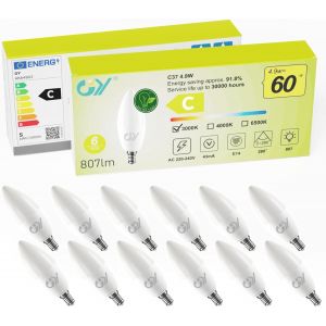 Ampoule Led E14 4,9w (Équivalent 60w), 807 Lumens 6500k Blanc Froid, C37 Ampoule E14 Efficacité Energétique, E14 Led Non-Dimmable, Lot De 12 - Neuf