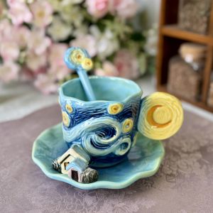 1 Ensemble De Tasses Et Soucoupes En C&eacute;ramique Peintes &Agrave; La Main, Style Van Gogh, Peinture &Agrave; L'huile Classique, 1pc Ciel &Eacute;toil&eacute; 3d, Fleur D'abricot, Tournesol, Tasse &Agrave; Th&eacute; Iris Mug &Agrave; Caf&eacute; - Neuf