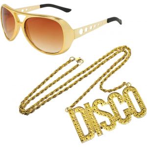 Trahoo-2 Pièces Kit De Costume Hip Hop, Lunettes De Soleil Et Collier, Déguisement Disco Année 70s 80s 90s Pour Carnaval Halloween Fête À Thème Disco Costume Collier Pendentif Concerts (Doré) - Neuf