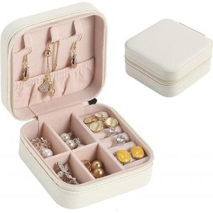 Petite Boîte À Bijoux Pour Femmes Filles, Boite Bijoux Voyage Portable En Cuir Pu, Mini Organisateur De Bijoux, Rangement Pour Boucles D'oreilles Bagues Chaînes, Anniversaire, Cadeau, Blanc - Neuf