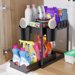 Chenquansarl-Rangement Sous Evier 2 Niveaux, Coulissant Organ Ur Sous Évier Etagere Tiroir,Panier De Rangement Multifonction Pour Salle De Bain, Étagère Sous Placard, Étagère De Lave-Vaisselle - Noir - Neuf