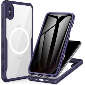 TRAHOO-Magn&eacute;tique Anti Espion Coque iPhone XS Max, [Compatible avec MagSafe] Protection &eacute;cran Verre Tremp&eacute; 9H int&eacute;gr&eacute;, 360 Degr&eacute;s Antichoc T&eacute;l&eacute;phone Housse Double Face Case Int&eacute;grale Etui - Violet - Neuf