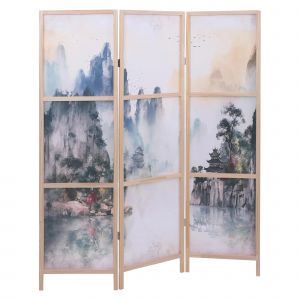 Paravent HWC-O70, cloison de s&eacute;paration, protection visuelle, s&eacute;paration de pi&egrave;ce, motifs naturels, bois, MVG, poly&eacute;thyl&egrave;ne, 170 x 137 cmMontagnes - Neuf