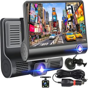 JGD-Dashcam Voiture Avant Arri&egrave;re Int&eacute;rieur, FullHD, Deux Lentilles 70 Et 120 Degr&eacute;s, &Eacute;cran De 4 Pouces, G-Sensor, Microphone, D&eacute;tection De Mouvement, Capteur Cr&eacute;pusculaire, Enregistrement En Boucle - Neuf