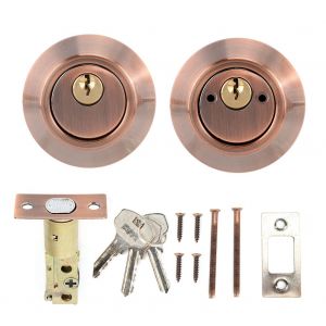 Verrou de securite a double cylindre en acier avec serrure des deux cotes pour portes en bois (bronze rouge) - Neuf