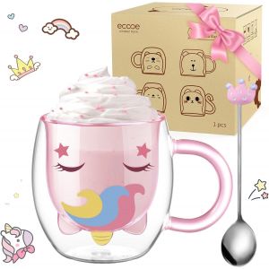 Eryi-Tasse Rose Tasse À Café Double Paroi 280 Ml Tasse Espresso Borosilicaté Verre À Thé Avec Poignée Et Cuillère Tasse En Verre Mignon Pour Latte, Anniversaire, Noël, Pour Femme, Maman, Enfants - Neuf