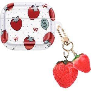 Coque Transparente Compatible avec Airpods 3 G&eacute;n&eacute;ration 2021, &Eacute;tui de Protection avec Mod&egrave;le de Fraise avec Porte-cl&eacute;s Fraise 3D, Housse en TPU Antichoc Anti-Rayures Antid&eacute;rapant pour Femmes - Neuf