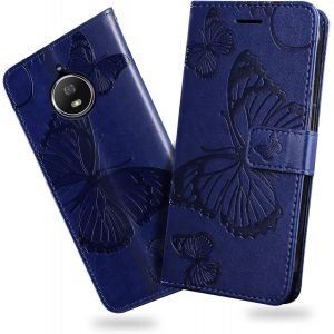 KAL-Coque Pour Moto G5S, Papillon Imprim&eacute; Housse En Cuir Pu Magn&eacute;tique Portefeuille, &Eacute;tui &Agrave; Rabat Pour Moto G5S, Bleu - Neuf