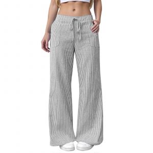 Pantalon En Lin D&eacute;contract&eacute; Pour Femme, Collection 2025, Id&eacute;al Pour La Maison Et L'ext&eacute;rieur. Ray&eacute; Et Uni, Coupe Ample, Gris, Taille Xl. - Neuf