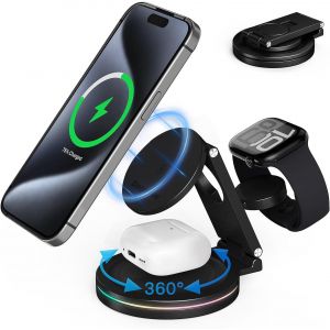 CMJAAGUR-3 En 1 Chargeur Induction Iphone 12-16 Chargeur Apple Watch Station De Charge Rapide Rotative À 360° De 10 W Support Bureau Chargeur Iphone Avec Apple Watch Voyage[M1911] - Neuf
