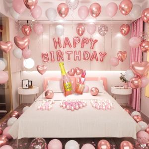SJZG-D&eacute;corations D'Anniversaire Pour Hommes Et Femmes - Banni&egrave;re De Ballons Avec Lettres En Forme De Coeur - Bouteille De Champagne - Ballons Pour Verre &Agrave; Vin - P&eacute;tales De Rose Pour Chambre - D&eacute;corati - Neuf