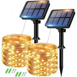 Kalanka-Lot De 2 Guirlande Solaire Exterieur, Totale 16m 160led Lumineuse &Eacute;tanche, 8 Modes D&eacute;coration Pour Jardin Terrasse Cour No&euml;l Mariage F&ecirc;te, Blanc Chaud - Neuf