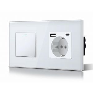 Interrupteur normal et prise USB C, basculant avec voyants LED, cadre en verre, installation facile, faciles à nettoyer, 1 entrée 1 voie avec prise USB/type C, 157 mm Noir - Neuf