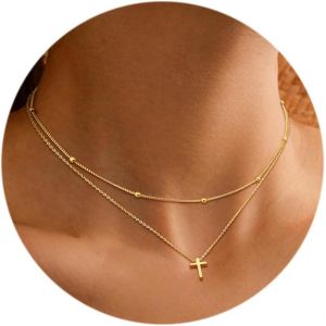 Kal-Collier Avec Croix Pour Femme, Collier En Or Avec Croix 14 Carats,Collier Avec Pendentif En Forme De Croix, Colliers Superposés En Or Minimalistes Cadeaux Pour Femmes - Neuf