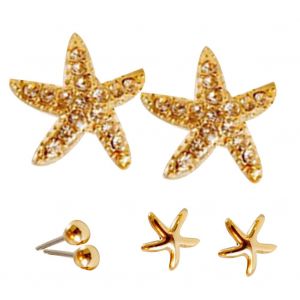 Lot De 3 Boucles D'oreilles A Tige En Alliage Dore Pour Femme, Delicates, En Forme D'etoile De Mer - Neuf