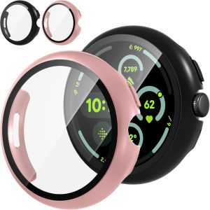 CAUC-2 Pi&egrave;ces Coque pour Google Pixel Watch 3 45mm Protection &Eacute;cran Dur PC Mat&eacute;riel Ultra Mince Verre Tremp&eacute; &Eacute;cran Case,Noir&Rose - Neuf
