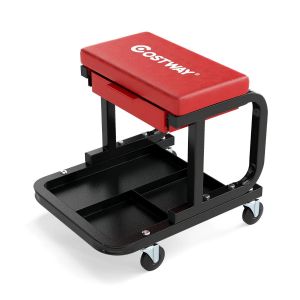 Tabouret de m&eacute;canicien avec tiroir plateau &agrave; outils 44 x 37 x 40,5 cm mobilit&eacute; am&eacute;lior&eacute;e confort optimal en m&eacute;tal rouge Helloshop26 20_0014176 - Neuf