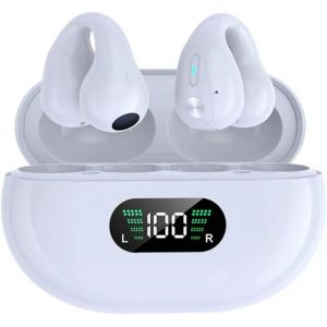 LORANKA-Bluetooth 5.3 &Eacute;couteurs Oreille Ouverte Open Ear Clip-on IPX5 Imperm&eacute;able Annulation de Bruit Commande Tactile Microphone LED Affichage de Puissance avec Bo&icirc;tier de Charge (Blanc) - Neuf