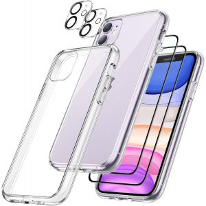 KALANKA-5 en 1 Coque pour iPhone 11 6,1 Pouces, avec 2 Protection D'&eacute;cran et 2 Protecteur Cam&eacute;ra Arri&egrave;re, Anti-Jaunissement, Film en Verre Tremp&eacute; &agrave; Couverture Compl&egrave;te &Eacute;tui Antichoc (Transparente) - Neuf