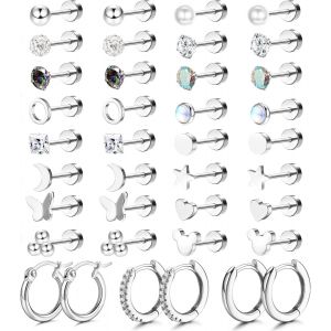 19pairs Petits Boucles D'oreilles Femmes Acier Chirurgical Cartilage Hélice Boucles D'oreilles Hypoallergénique Étoile Lune Zirconium Flatback Boucles D'oreilles Créoles Piercing Ensemble - Neuf