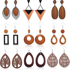 Kal-6-9 Paires Boucles D'oreilles En Bois Pour Femmes Boucles D'oreilles Pendantes Triangles Ovale Forme De Larme - Neuf